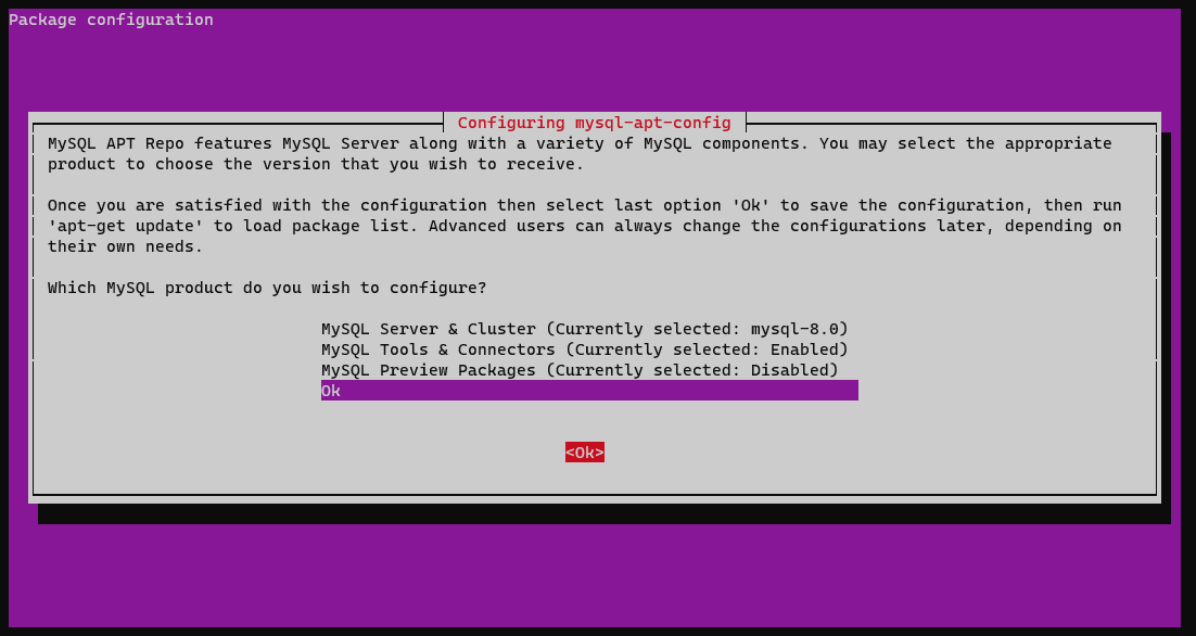 MySQL APT Tool Default options selected